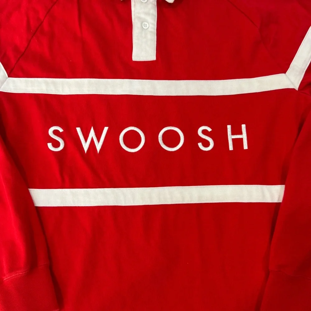 Nike Rugby Shirt Mens Large Red‎ White Striped Swoosh Embroidered Long Sleeve
